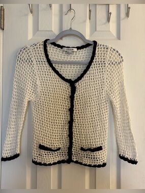 Forever 21 White Crochet Cardigan with Black Trim Size Small.